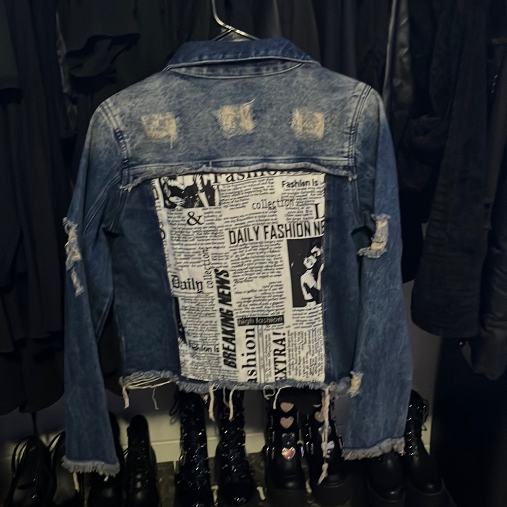 Custom made News Print Distressed Jean Jacket Women’s